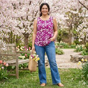 EUC Coldwater Creek 100% Silk Shell Blouse Magenta Pink Print Sleeveless XL